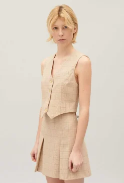 Best Beige Checked Suit Waistcoat Women Blazers