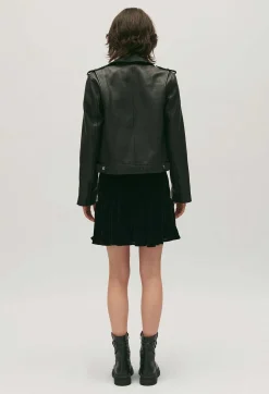 Outlet Black Grained Leather Jacket Women Jackets And Coats