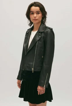 Outlet Black Grained Leather Jacket Women Jackets And Coats