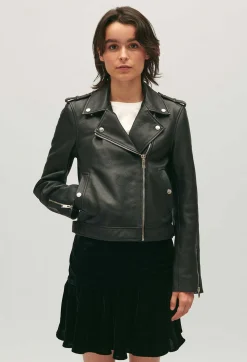 Outlet Black Grained Leather Jacket Women Jackets And Coats
