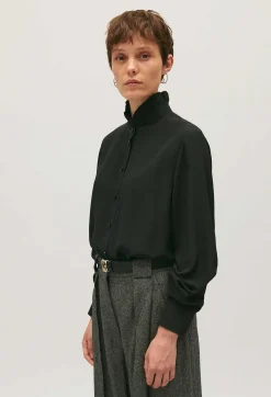 Outlet Black Silk Shirt With Victorian Collar Women Tops And Shirts