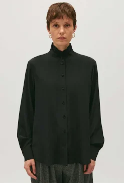 Outlet Black Silk Shirt With Victorian Collar Women Tops And Shirts