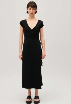 Online Black Wrap Midi Dress Women Dresses