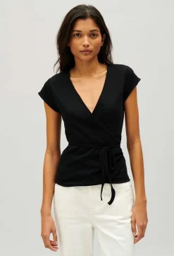 Flash Sale Black Wrapover Top Women Tops And Shirts