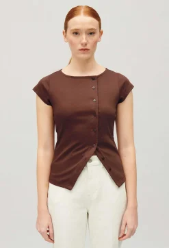 Best Sale Brown Asymmetric Button-Up Top Women T-Shirts