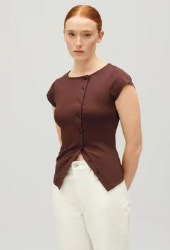 Best Sale Brown Asymmetric Button-Up Top Women T-Shirts