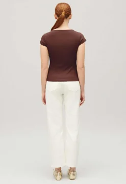 Best Sale Brown Asymmetric Button-Up Top Women T-Shirts