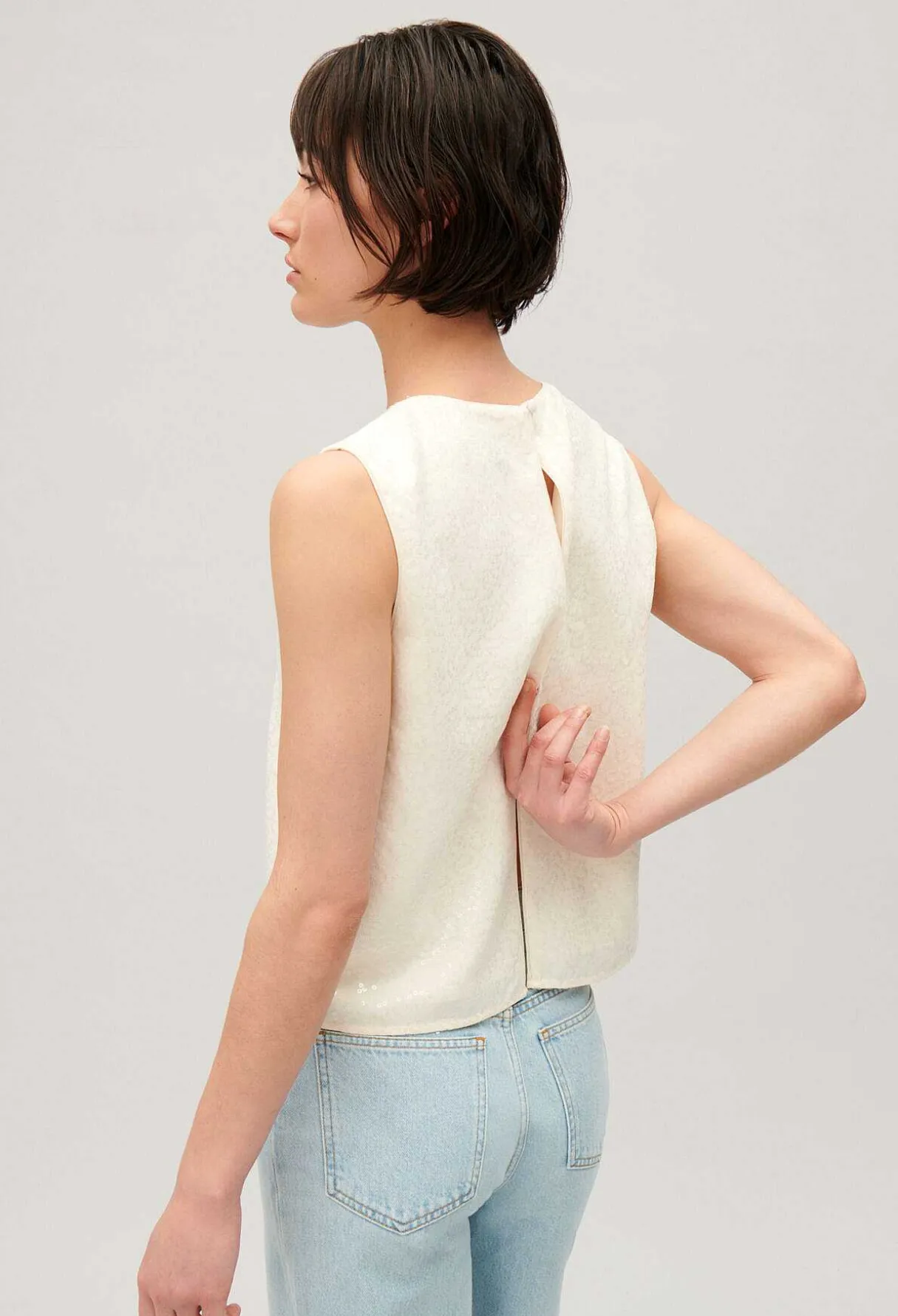 Online Ecru Sequined Sleeveless Top Women Tops And Shirts