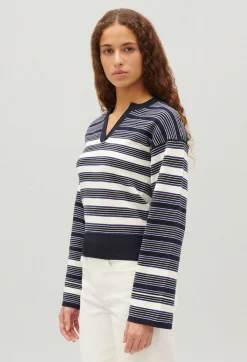 Cheap Ecru Striped Henley Neck Jumper Women Sweaters And Cardigans