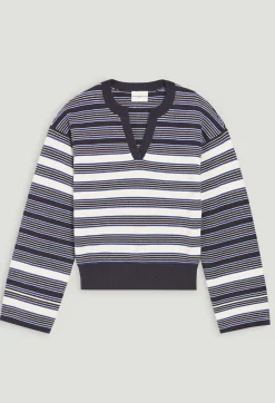 Cheap Ecru Striped Henley Neck Jumper Women Sweaters And Cardigans