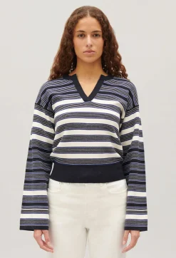 Cheap Ecru Striped Henley Neck Jumper Women Sweaters And Cardigans