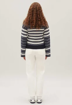 Cheap Ecru Striped Henley Neck Jumper Women Sweaters And Cardigans