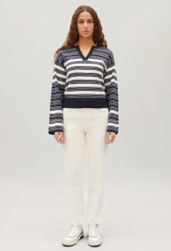 Cheap Ecru Striped Henley Neck Jumper Women Sweaters And Cardigans