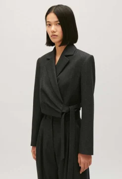 Clearance Flecked Grey Cropped Suit Jacket Women Blazers