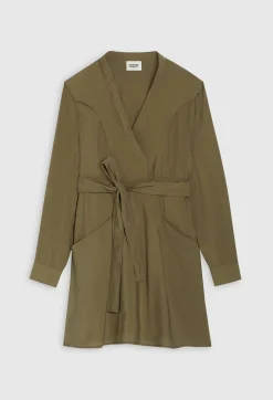 Fashion Khaki Tie-Belt Dress Women Dresses