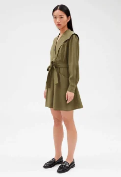 Fashion Khaki Tie-Belt Dress Women Dresses