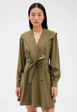 Fashion Khaki Tie-Belt Dress Women Dresses