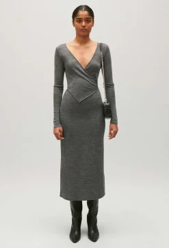 Best Sale Light Grey Wool Jersey Midi Dress Women Dresses