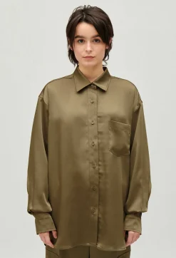 New Loose-Fit Khaki Satin-Effect Shirt Women Tops And Shirts