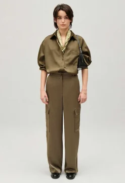 New Loose-Fit Khaki Satin-Effect Shirt Women Tops And Shirts