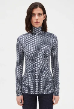 Outlet Monogrammed Blue Roll-Neck T-Shirt Women T-Shirts