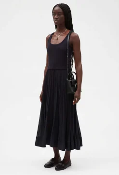 Hot Navy Blue Long Pleated Dress Women Dresses