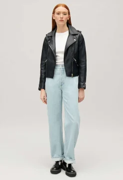 Best Navy Blue Smooth Leather Jacket Women Jackets And Coats