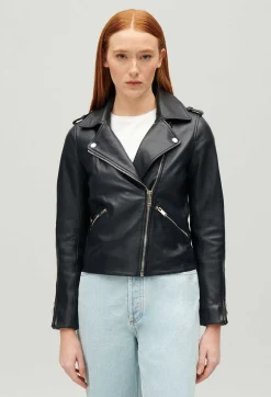 Best Navy Blue Smooth Leather Jacket Women Jackets And Coats
