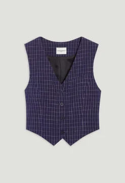 Cheap Navy Checked Suit Waistcoat Women Blazers