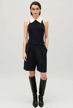 Online Navy Vest Top With Shirt Collar Women Tops And Shirts