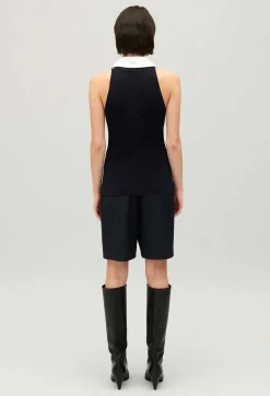 Online Navy Vest Top With Shirt Collar Women Tops And Shirts