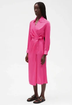 Cheap Pink Mid-Length Wrap Dress Women Dresses