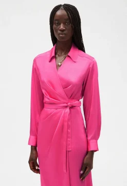 Cheap Pink Mid-Length Wrap Dress Women Dresses