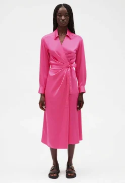 Cheap Pink Mid-Length Wrap Dress Women Dresses