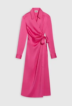 Cheap Pink Mid-Length Wrap Dress Women Dresses