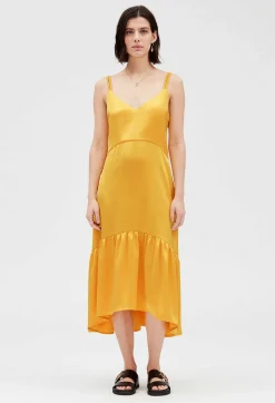 Clearance Satiny Yellow Midi Dress Women Dresses