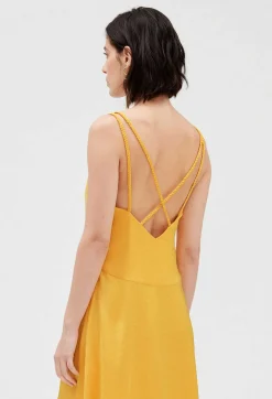 Clearance Satiny Yellow Midi Dress Women Dresses