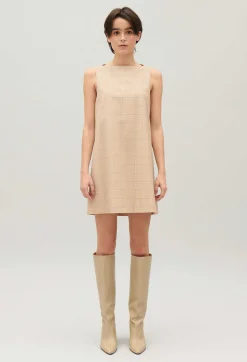 Clearance Short Beige Checked Dress Women Dresses