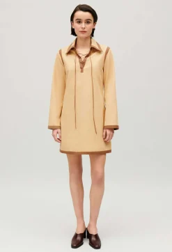 Shop Short Beige Lace-Up Dress Women Dresses