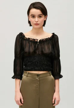 Cheap Short Black Ruffled Blouse Women Tops And Shirts