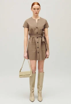 Outlet Short Brown Button-Up Dress Women Dresses