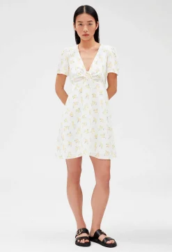 Sale Short Flared Dress With Mimosa Pattern Women Dresses