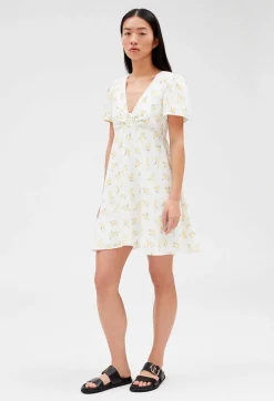 Sale Short Flared Dress With Mimosa Pattern Women Dresses
