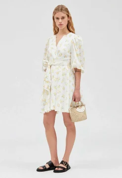 Discount Short Wraparound Dress Mimosa Pattern Women Dresses