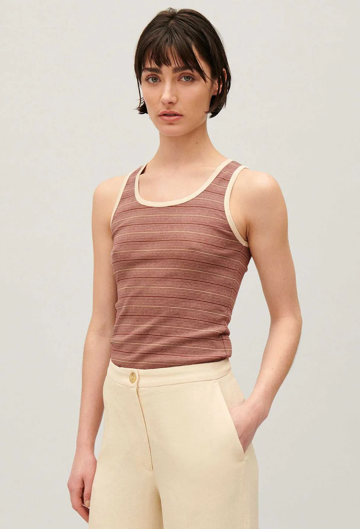 Flash Sale Striped Brown Vest Top Women T-Shirts