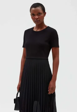 Fashion Twist Black Bi-Material Midi Dress Women Dresses