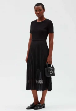 Fashion Twist Black Bi-Material Midi Dress Women Dresses