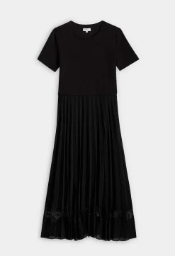 Fashion Twist Black Bi-Material Midi Dress Women Dresses