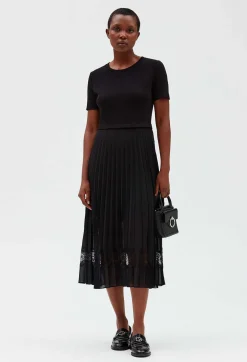 Fashion Twist Black Bi-Material Midi Dress Women Dresses