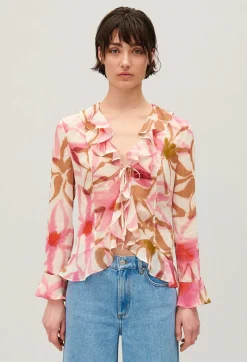 Fashion Watercolour Print Silk Blouse Women Tops And Shirts